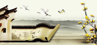 淘宝复古水墨安徽建筑山峰花天鹅海报背景高清