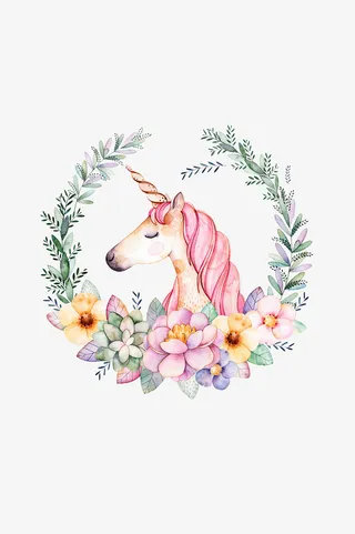 高清免抠水彩粉色花卉独角兽免抠