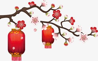红色中国风花枝灯笼免抠