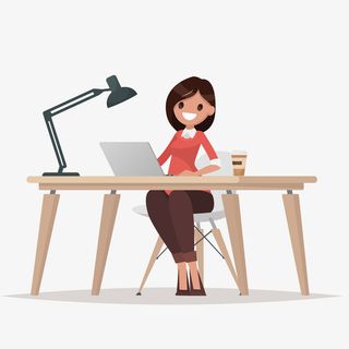 灰色工作台上开心工作女性免抠手绘/卡通卡通元素