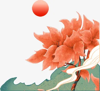 国潮风粉色花朵红日免抠