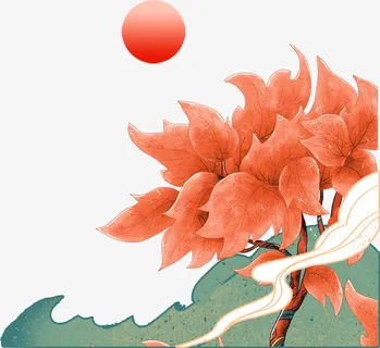 国潮风粉色花朵红日免抠 国潮风粉色花朵红日免抠