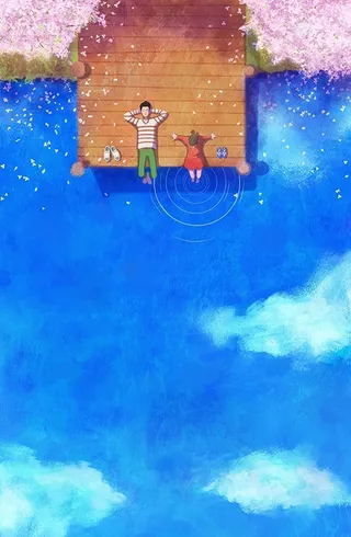 蓝色手绘卡通情侣平面广告高清