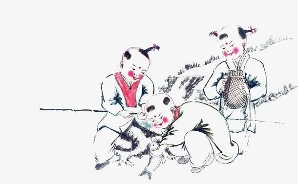 中国风儿童休闲水墨垂钓免抠