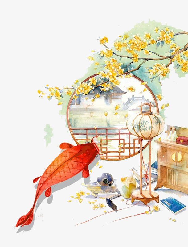 中国风金色桂花装饰画免抠