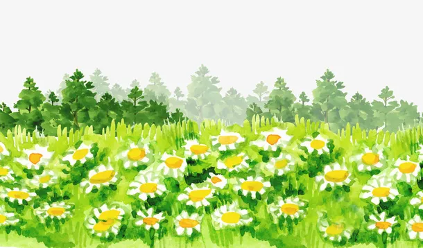 手绘插画春日田野与野花免抠