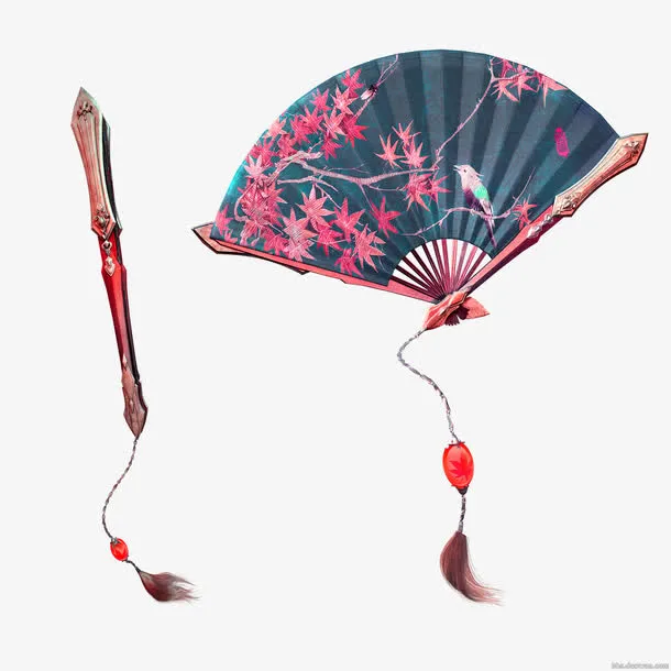 蓝色中国风扇子装饰图案免抠