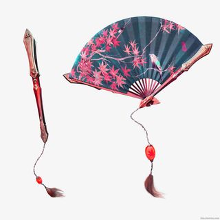 蓝色中国风扇子装饰图案免抠