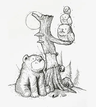 黑白手绘小熊小鸟树枝免抠