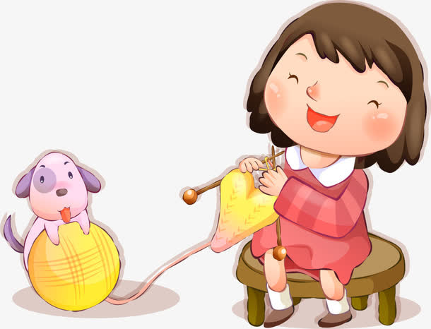 可爱人物插图织毛衣的女孩与小狗免抠