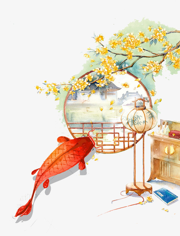 中国风窗户鱼树枝花朵灯笼免抠