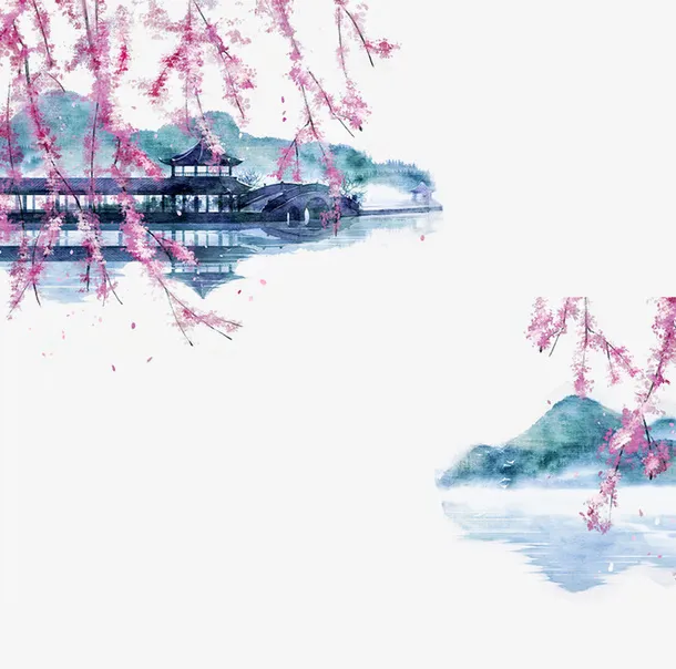 中国风桃花山水风景图免抠