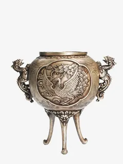 中华传统银质凤凰花纹香炉免抠