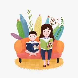卡通手绘读书的妈妈和儿子免抠