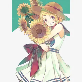 手绘捧着向日葵的美女免抠