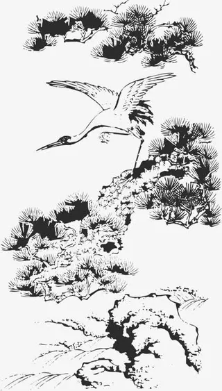 手绘中国风仙鹤松树免抠