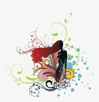 矢量长发女孩和花纹免抠