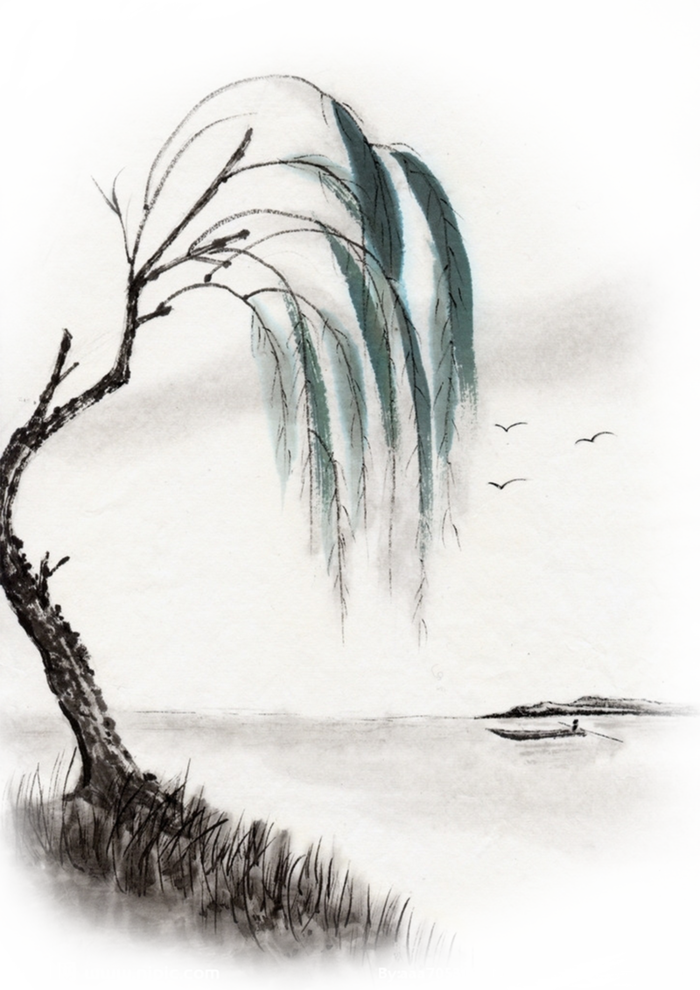 古风水墨画柳叶叶子素材免扣高清