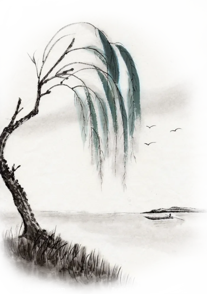 古风水墨画柳叶叶子素材免扣高清