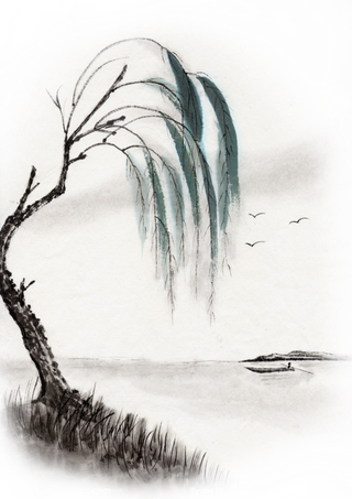 古风水墨画柳叶叶子素材免扣高清