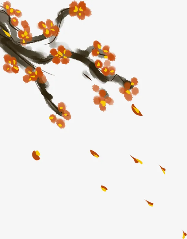 黄色中国风水墨花枝免抠