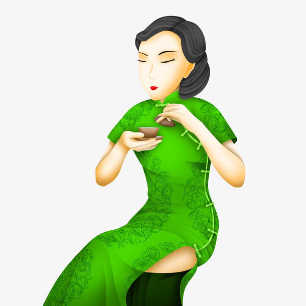 手绘卡通中国风绿色旗袍美女免抠