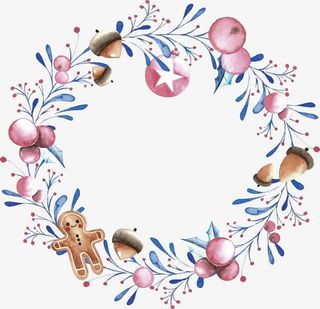 水彩冬日松果树枝花环免抠