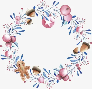 水彩冬日松果树枝花环免抠