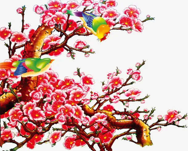 中式手绘小鸟梅花树枝免抠