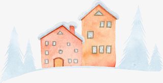 手绘卡通冬季小房子松树免抠