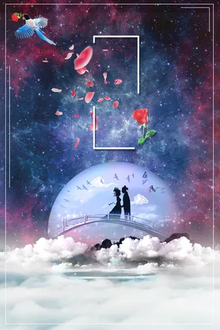 蓝色星空七夕节情人节促销海报背景素材高清