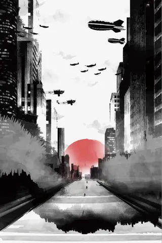 矢量水墨夕阳下的城市免抠