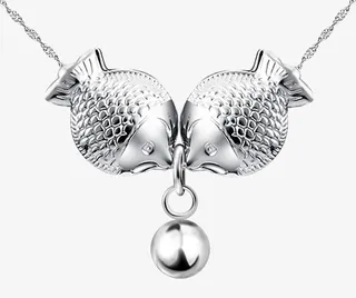 带吊坠的亲嘴鱼银项链免抠