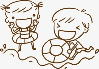 卡通手绘小人物海边游泳免抠