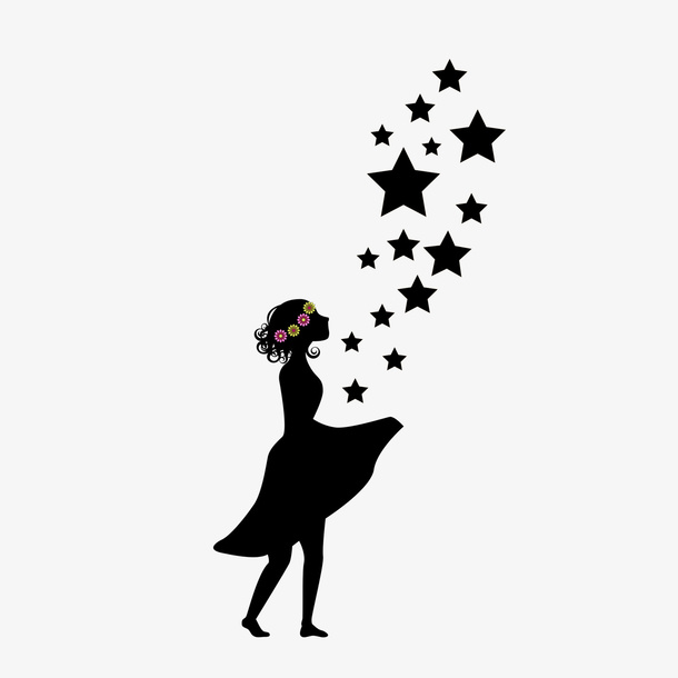 手绘卡通看星星女孩剪影免抠