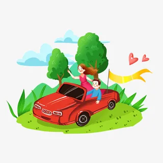 国庆节红色卡通汽车旅游自驾游开车免抠