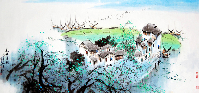 古风水墨村庄背景高清