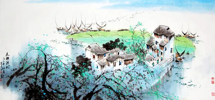 古风水墨村庄背景高清