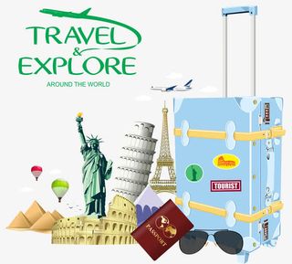 拉杆箱自由女神欧州旅游主题元素免抠