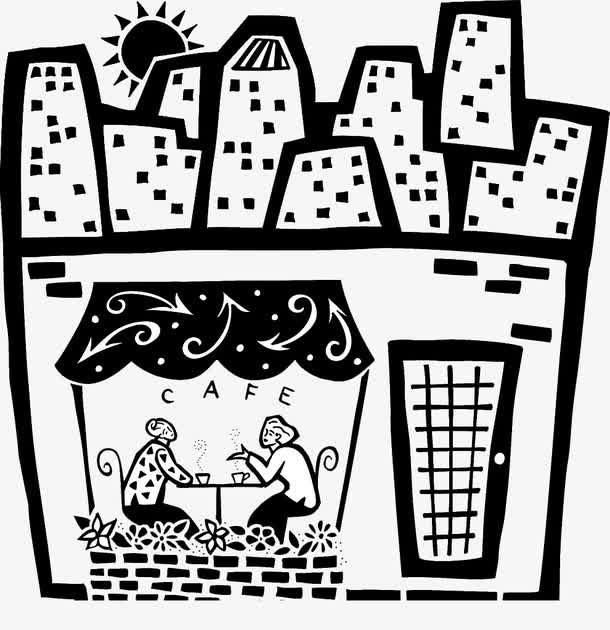 黑白装饰画 插图露天咖啡馆免抠