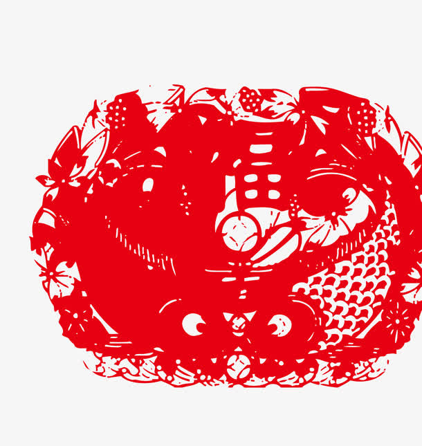 红色鱼与福剪纸花纹矢量图免抠