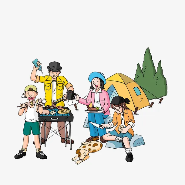 卡通野外露营烧烤的朋友们素材免抠