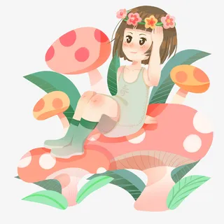 女孩花朵手绘蘑菇春天免抠节日其他节日元素