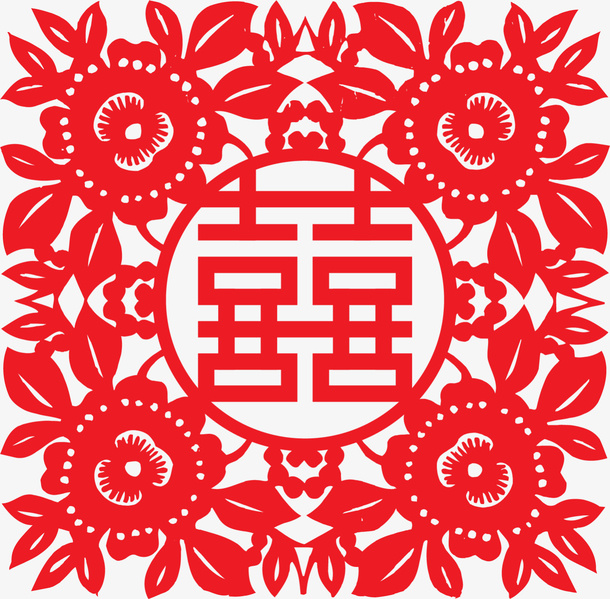 红色中国风双喜剪纸免抠