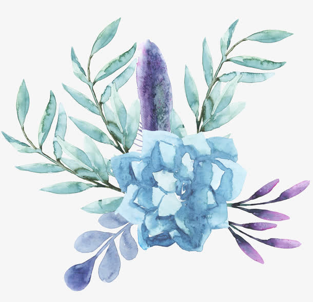 蓝色手绘花卉图案免抠