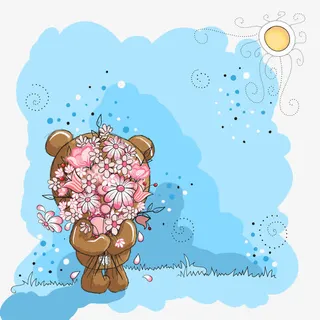 蓝色捧花熊宝插画矢量素材免抠