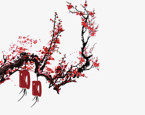挂着灯笼的梅花树元素免抠