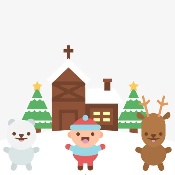 冬季雪景建筑与动物免抠