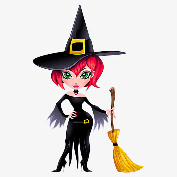 卡通拿着魔法扫帚的女巫免抠