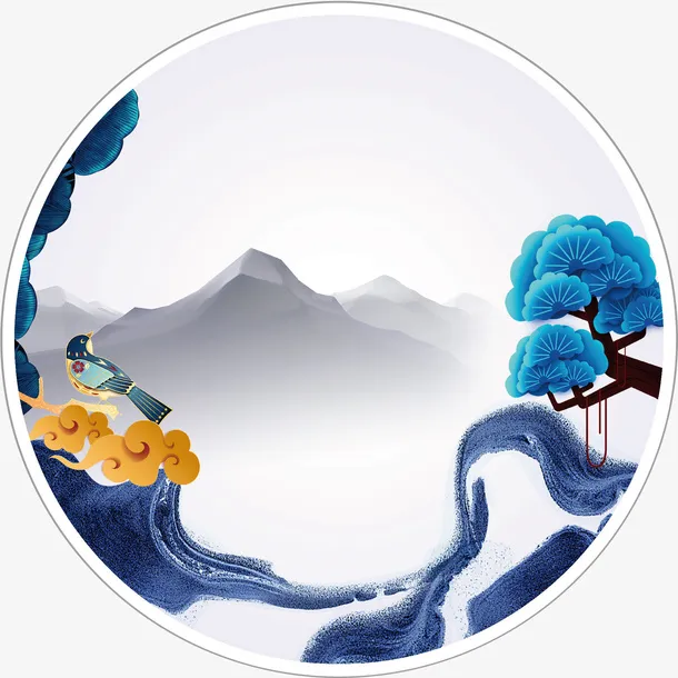 中国风彩色山水画免抠